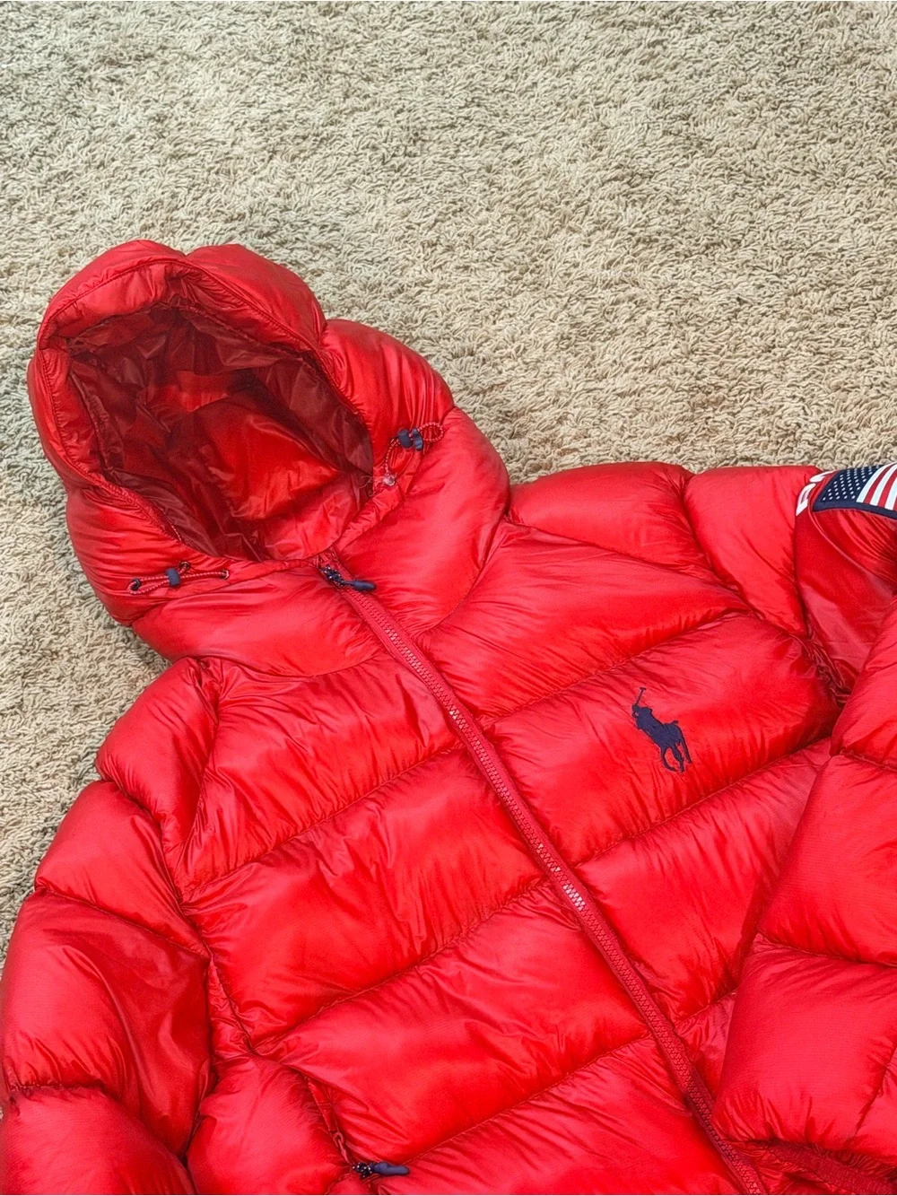 Polo Ralph Lauren USA Flag Down Puffer Jacket Red Hooded Mens M NWOT